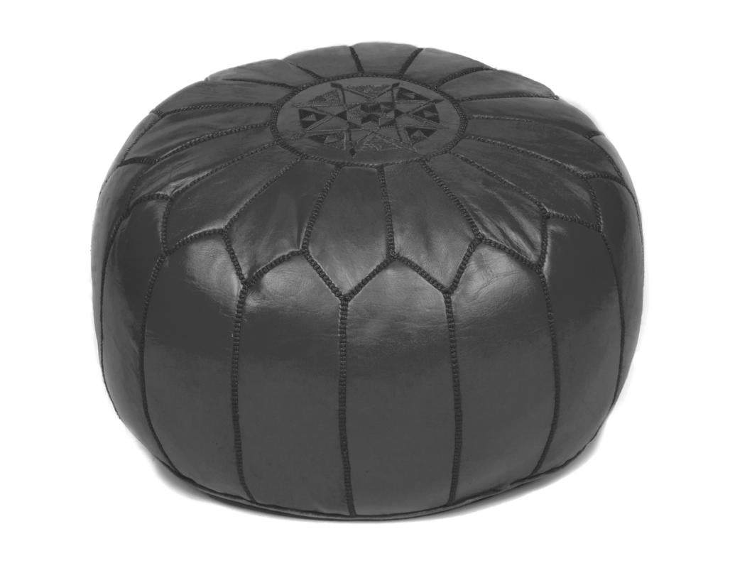 Black Leather Pouf, Stuffed