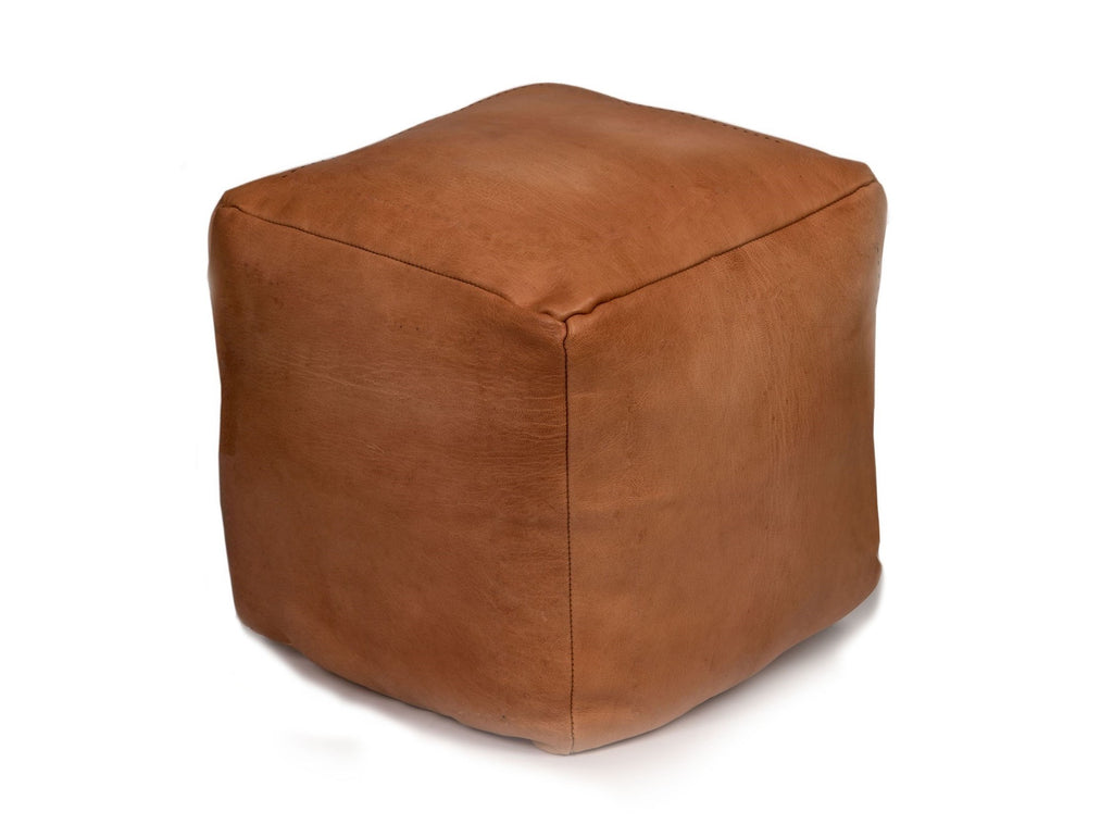 Leather Cube Pouf Ottoman, Tan, Stuffed